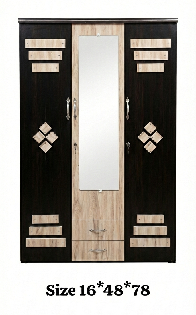 Wooden 3 Door Wardrobe with Mirror | 16x48x78 Inch Almirah | Lockable Storage Cabinet with Drawers