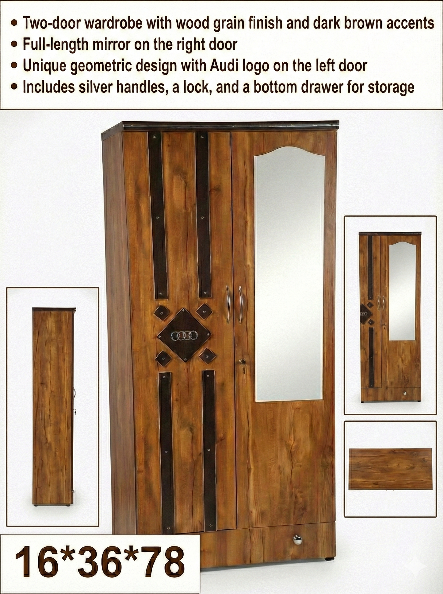 Wooden 2 Door Wardrobe with Mirror | 16x36x78 Inch Almirah | Lockable Storage Cupboard with Drawer