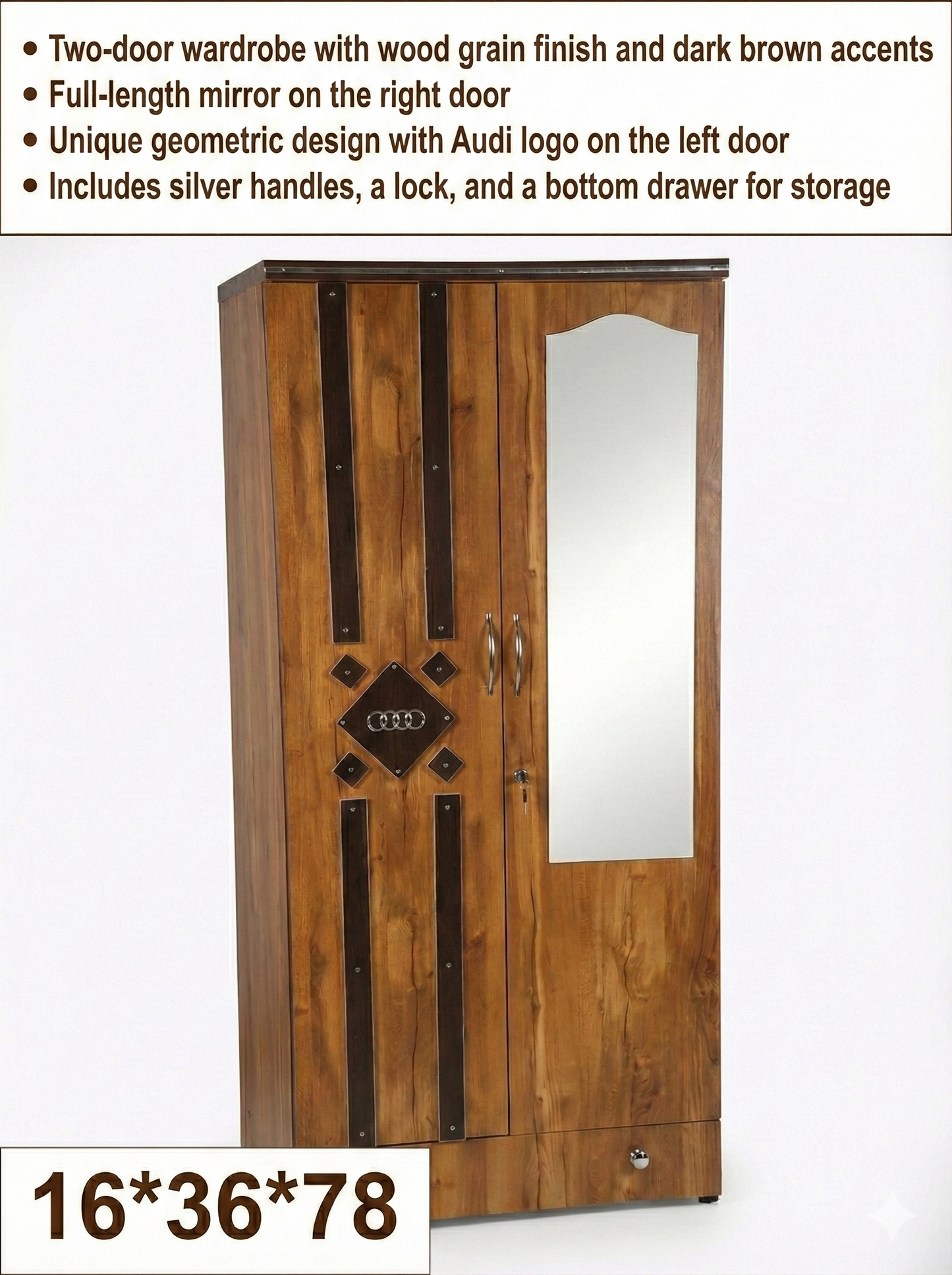 Wooden 2 Door Wardrobe with Mirror | 16x36x78 Inch Almirah | Lockable Storage Cupboard with Drawer