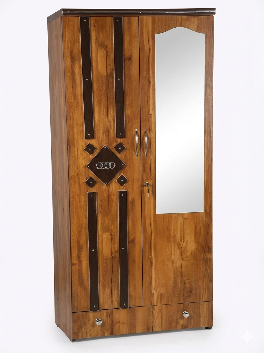 Wooden 2 Door Wardrobe with Mirror | 16x36x78 Inch Almirah | Lockable Storage Cupboard with Drawer