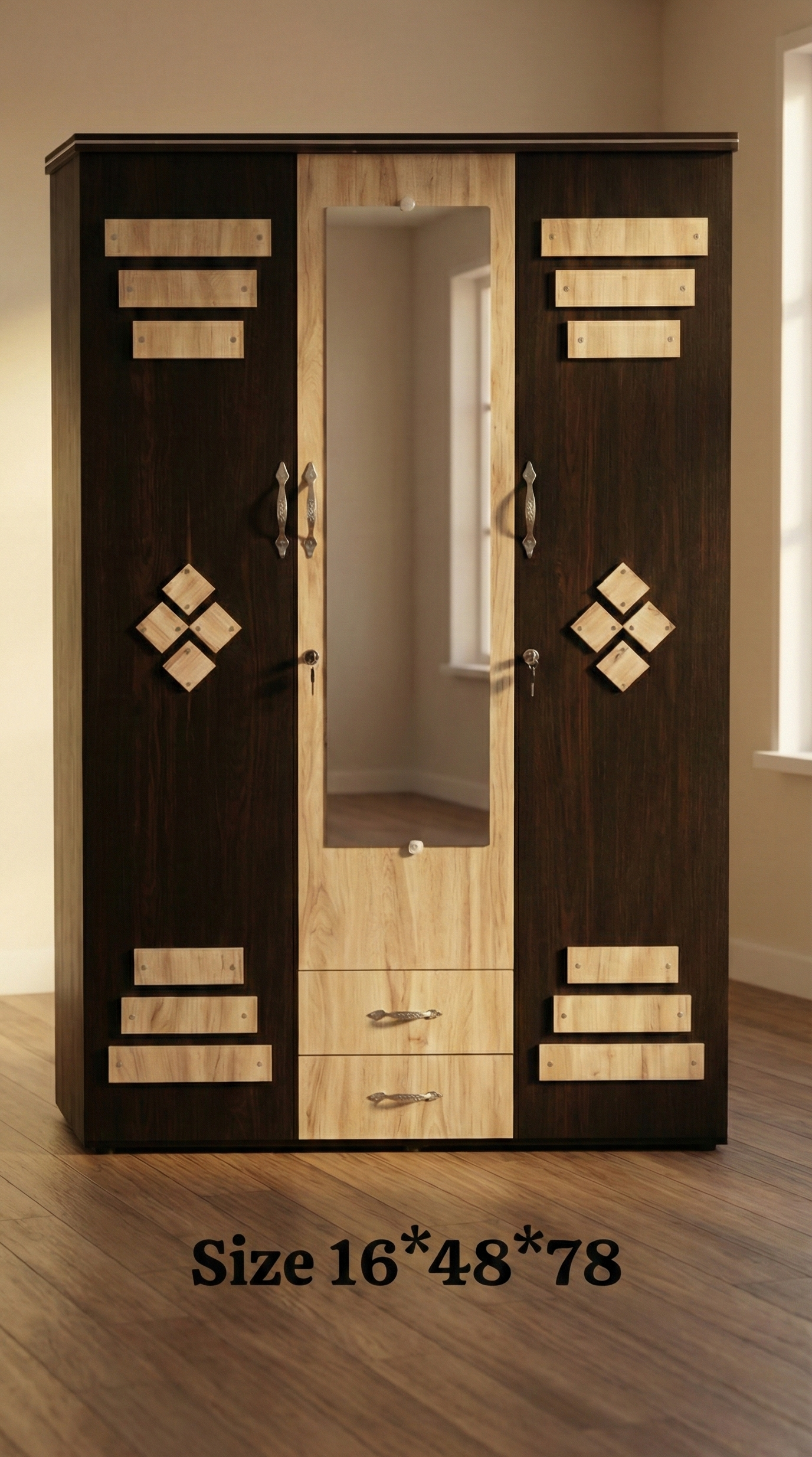 Wooden 3 Door Wardrobe with Mirror | 16x48x78 Inch Almirah | Lockable Storage Cabinet with Drawers