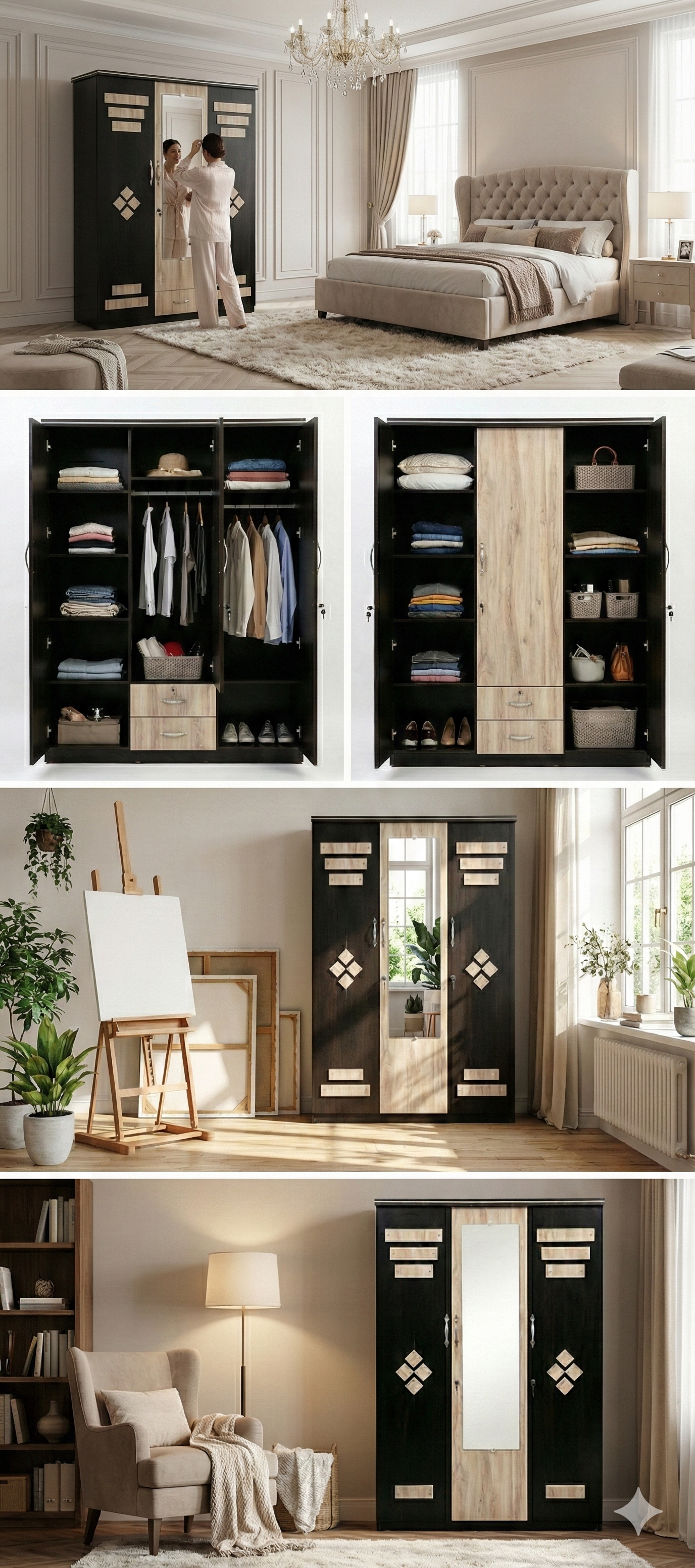 Wooden 3 Door Wardrobe with Mirror | 16x48x78 Inch Almirah | Lockable Storage Cabinet with Drawers