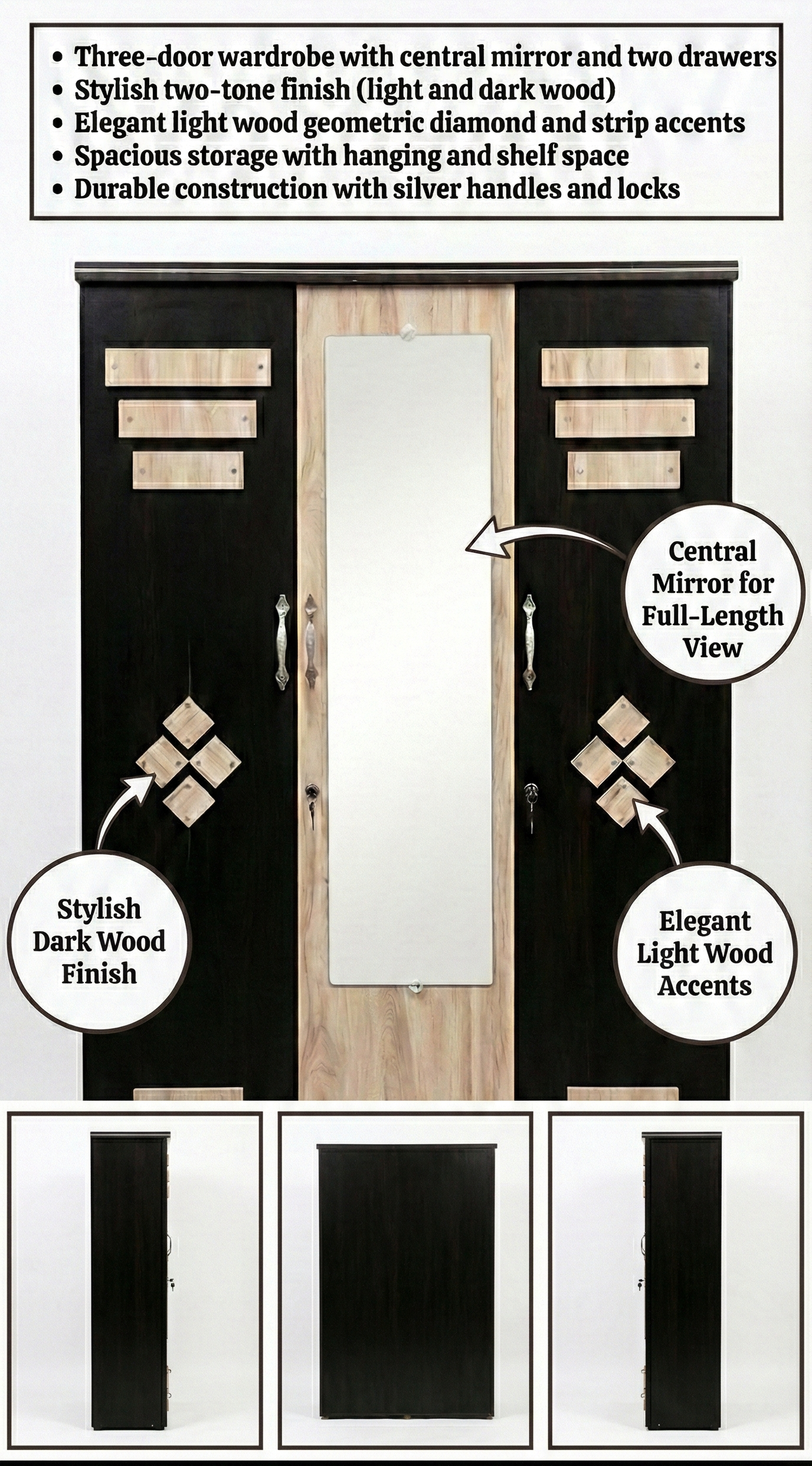 Wooden 3 Door Wardrobe with Mirror | 16x48x78 Inch Almirah | Lockable Storage Cabinet with Drawers