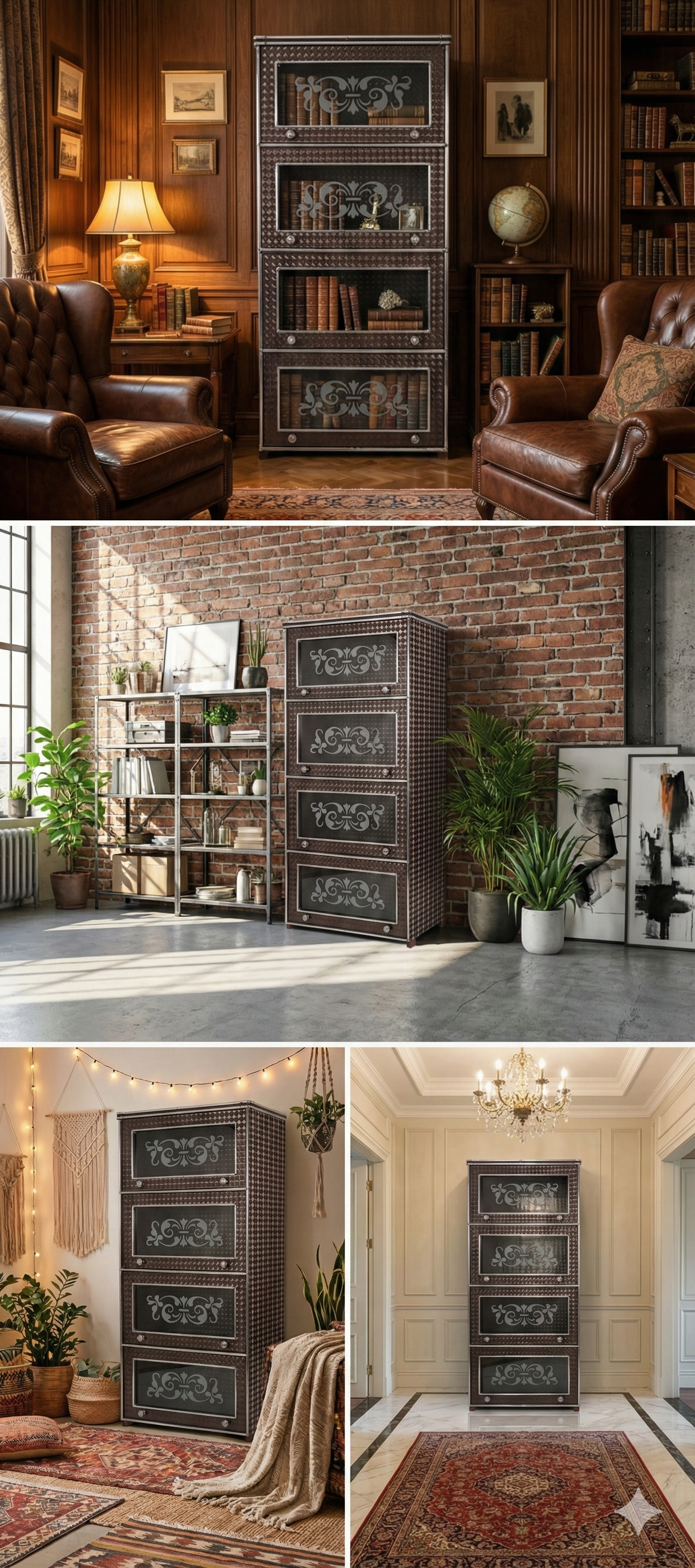 Metal Storage Cabinet with Etched Glass Doors | 4 Compartment Steel Almirah with Lock | Tall Kitchen & Home Storage Cupboard | Durable Textured Finish (16x32x78 Inch)