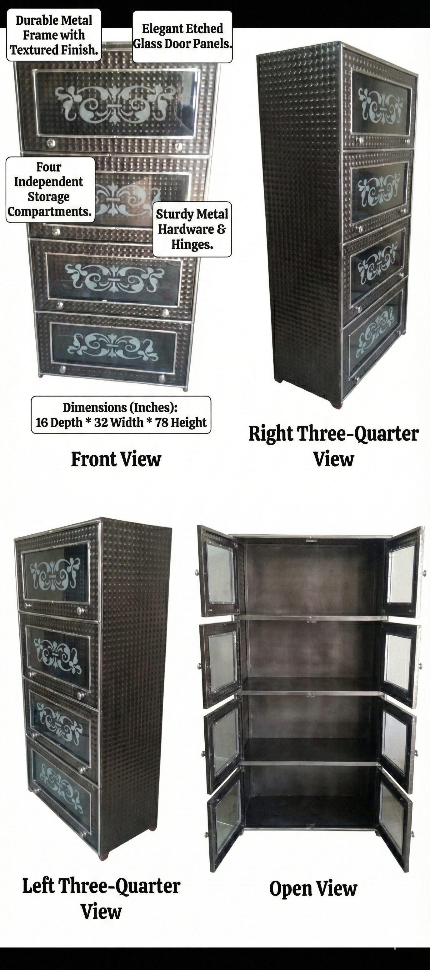 Metal Storage Cabinet with Etched Glass Doors | 4 Compartment Steel Almirah with Lock | Tall Kitchen & Home Storage Cupboard | Durable Textured Finish (16x32x78 Inch)