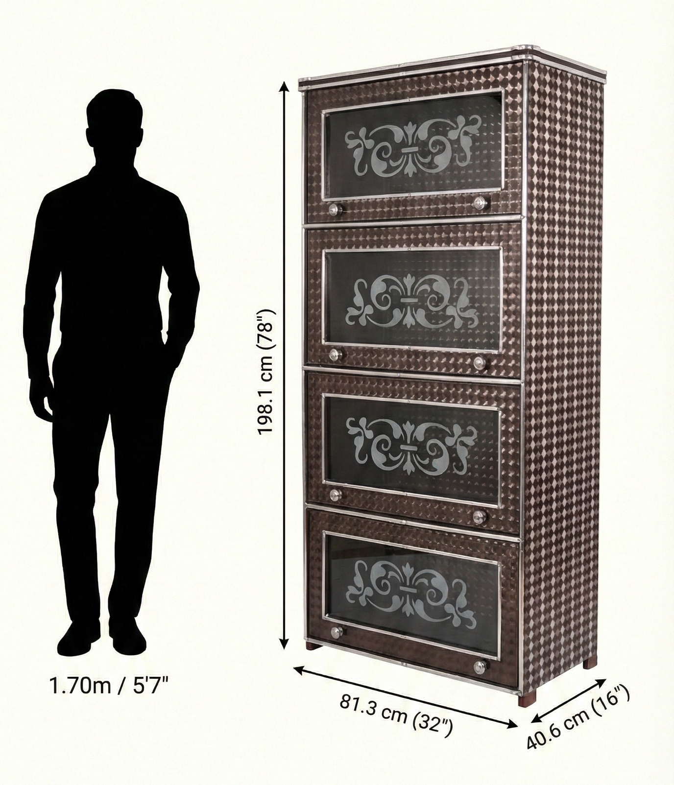 Metal Storage Cabinet with Etched Glass Doors | 4 Compartment Steel Almirah with Lock | Tall Kitchen & Home Storage Cupboard | Durable Textured Finish (16x32x78 Inch)
