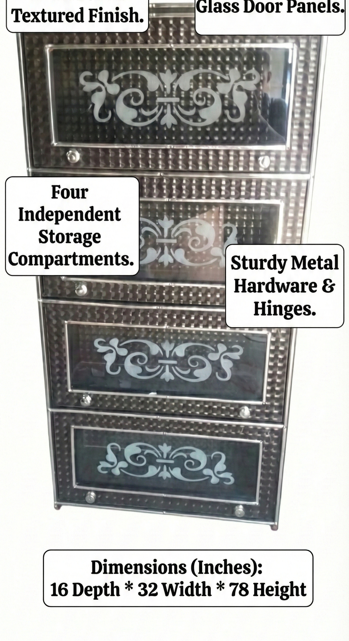 Metal Storage Cabinet with Etched Glass Doors | 4 Compartment Steel Almirah with Lock | Tall Kitchen & Home Storage Cupboard | Durable Textured Finish (16x32x78 Inch)