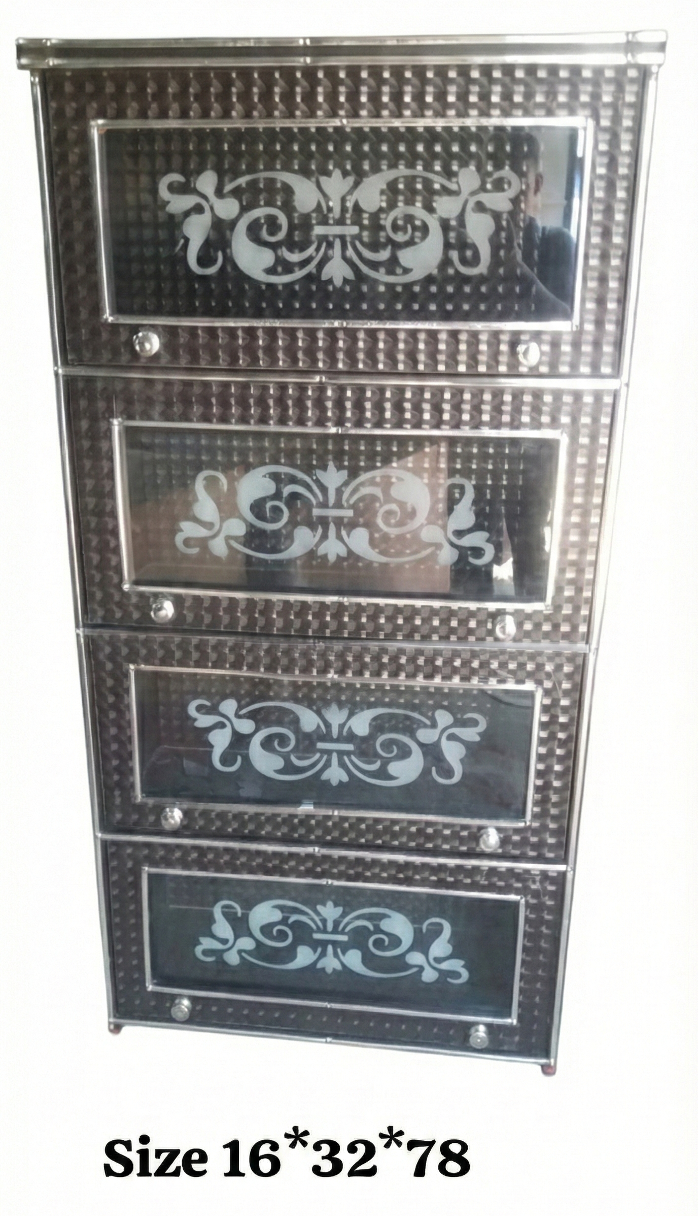 Metal Storage Cabinet with Etched Glass Doors | 4 Compartment Steel Almirah with Lock | Tall Kitchen & Home Storage Cupboard | Durable Textured Finish (16x32x78 Inch)