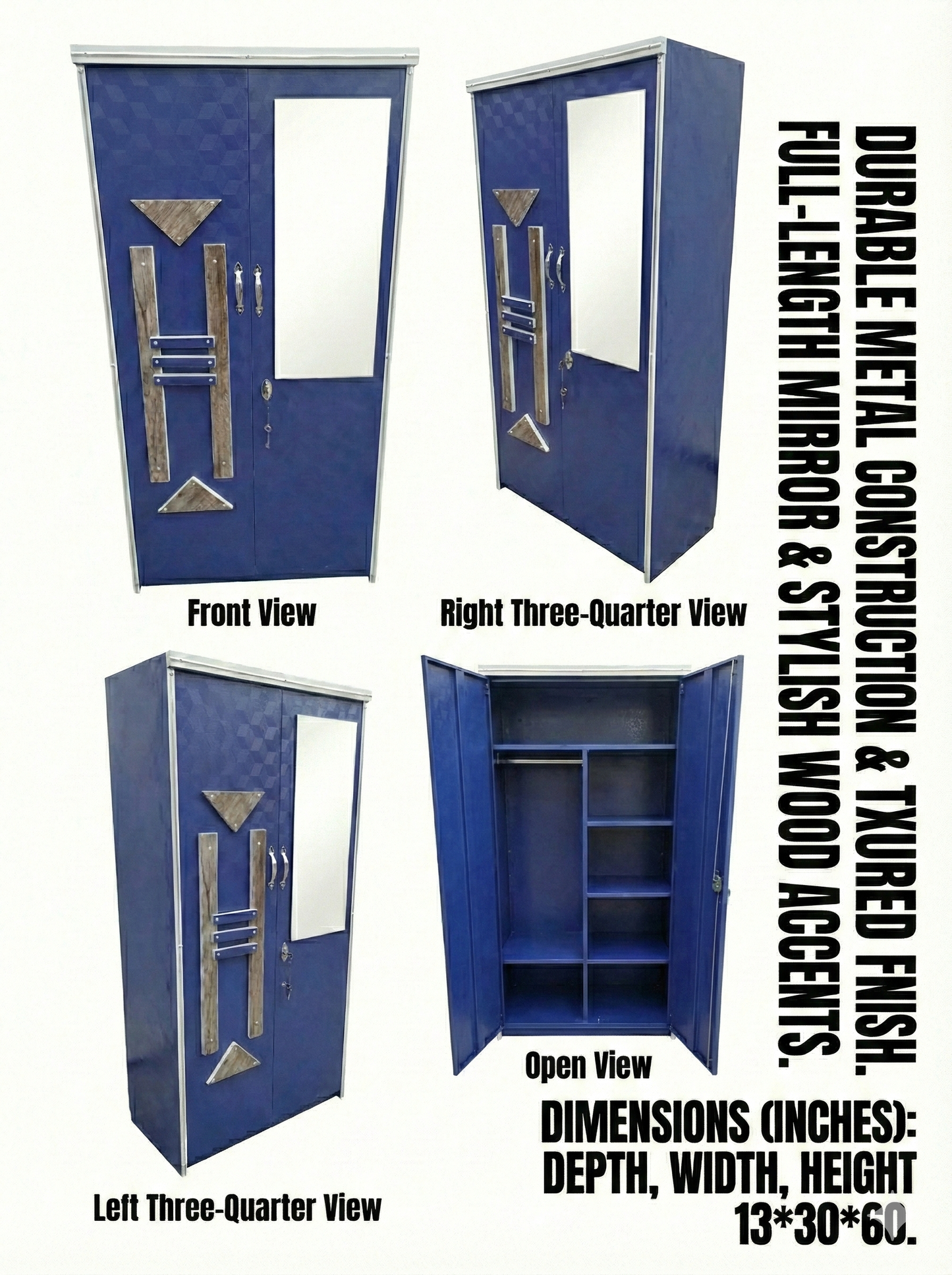 Blue Steel Almirah Wardrobe with Mirror & Lock | Designer Metal Cupboard for Bedroom