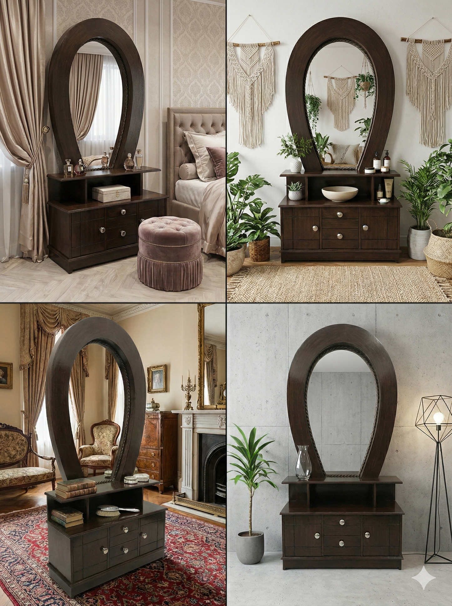 Wooden Dressing Table with Oval Mirror & 3-Drawer Storage | Modern Vanity Dresser with Shelves & Cabinet | Bedroom Furniture (Dark Walnut Finish)