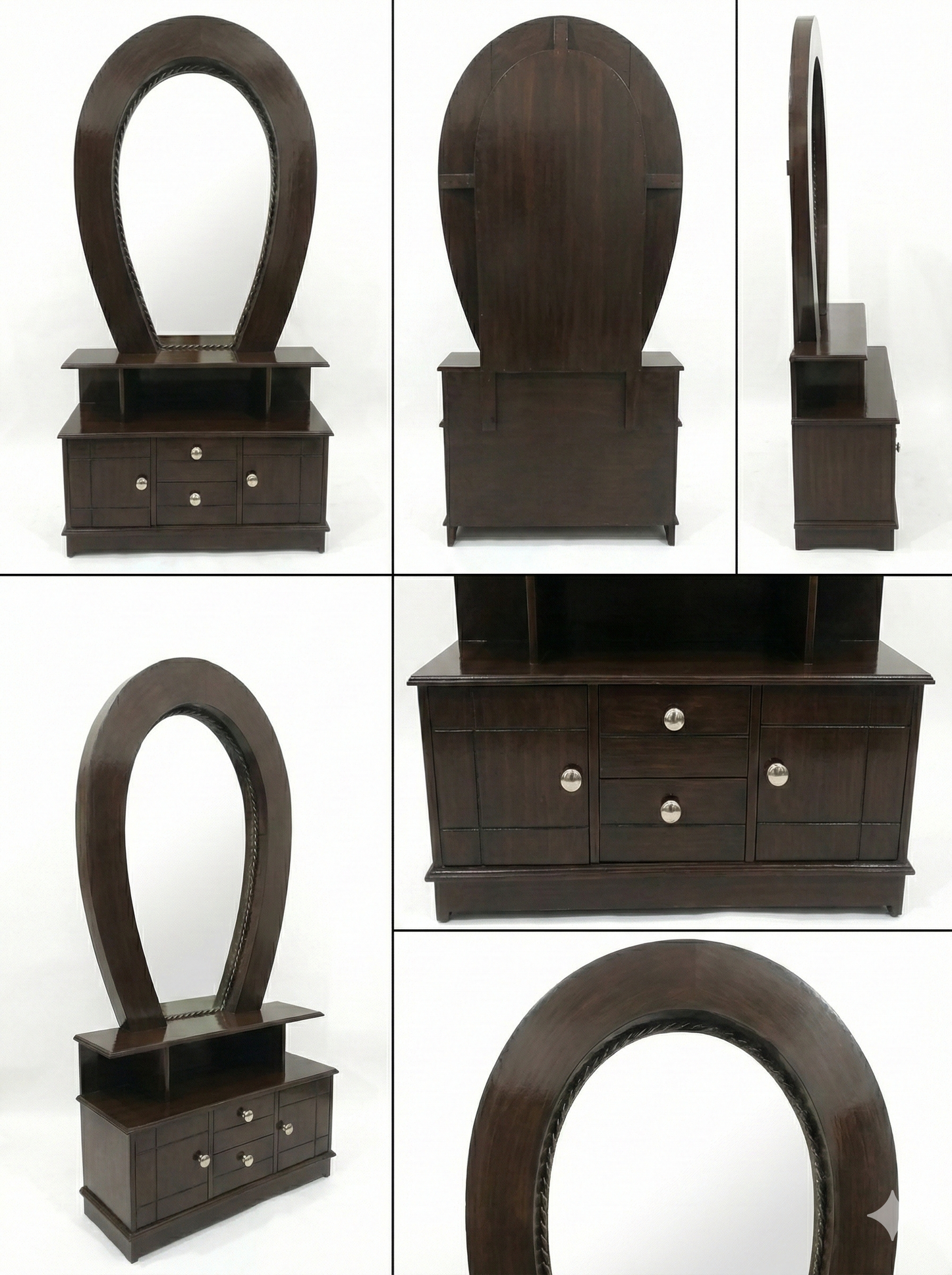 Wooden Dressing Table with Oval Mirror & 3-Drawer Storage | Modern Vanity Dresser with Shelves & Cabinet | Bedroom Furniture (Dark Walnut Finish)