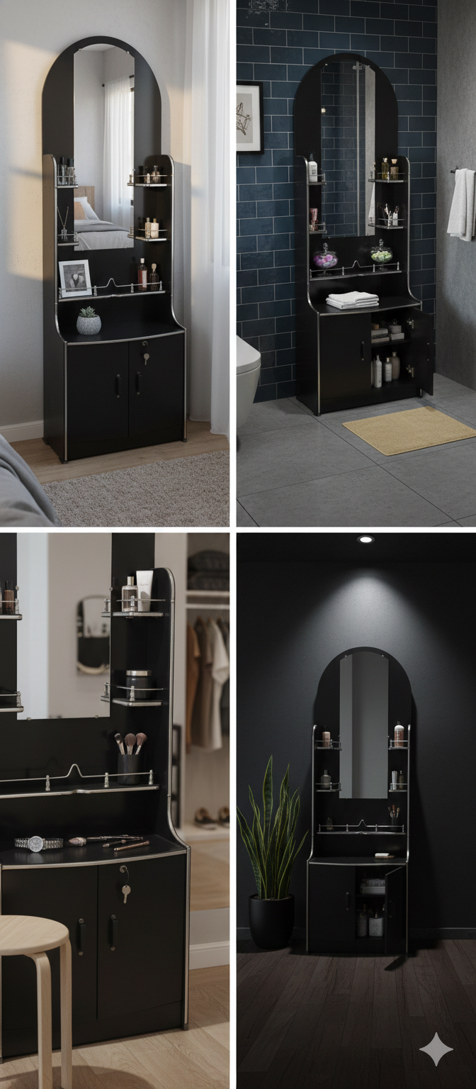 Modern Black Dressing Table with Full-Length Arch Mirror | Makeup Vanity with Glass Shelves & Storage Cabinet