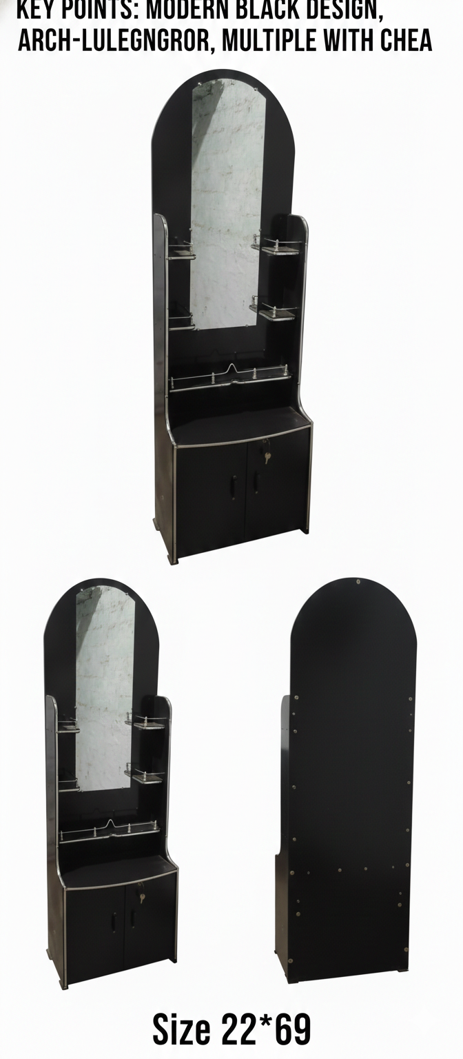 Modern Black Dressing Table with Full-Length Arch Mirror | Makeup Vanity with Glass Shelves & Storage Cabinet