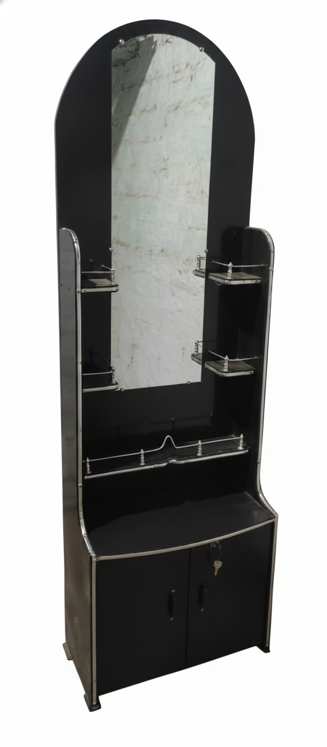 Modern Black Dressing Table with Full-Length Arch Mirror | Makeup Vanity with Glass Shelves & Storage Cabinet
