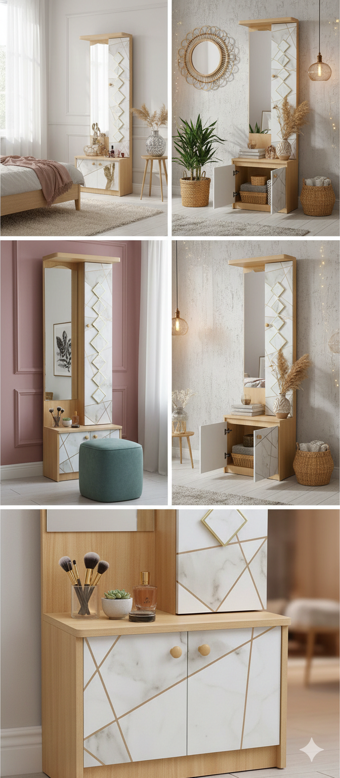 Modern Wooden Dressing Table with Full-Length Mirror & Storage Cabinet | Marble Design Panel with Gold Accents |