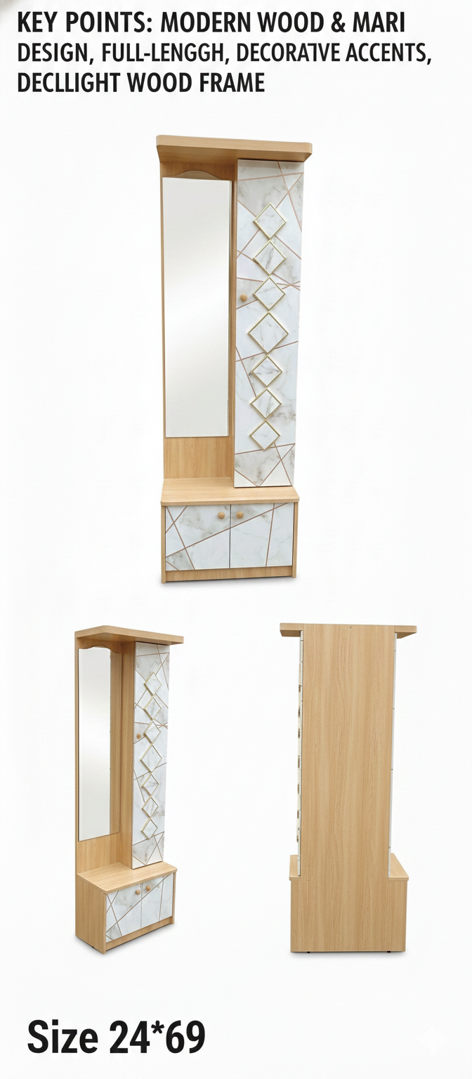 Modern Wooden Dressing Table with Full-Length Mirror & Storage Cabinet | Marble Design Panel with Gold Accents |