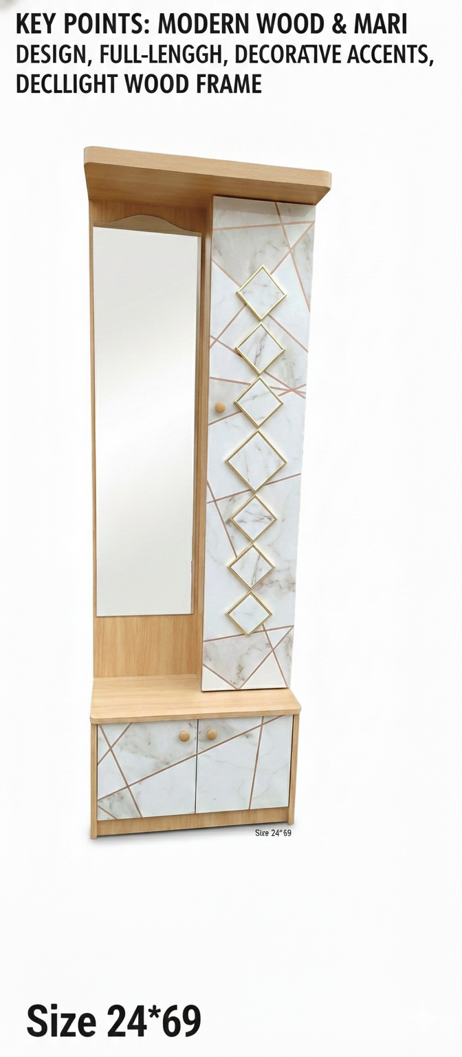 Modern Wooden Dressing Table with Full-Length Mirror & Storage Cabinet | Marble Design Panel with Gold Accents |