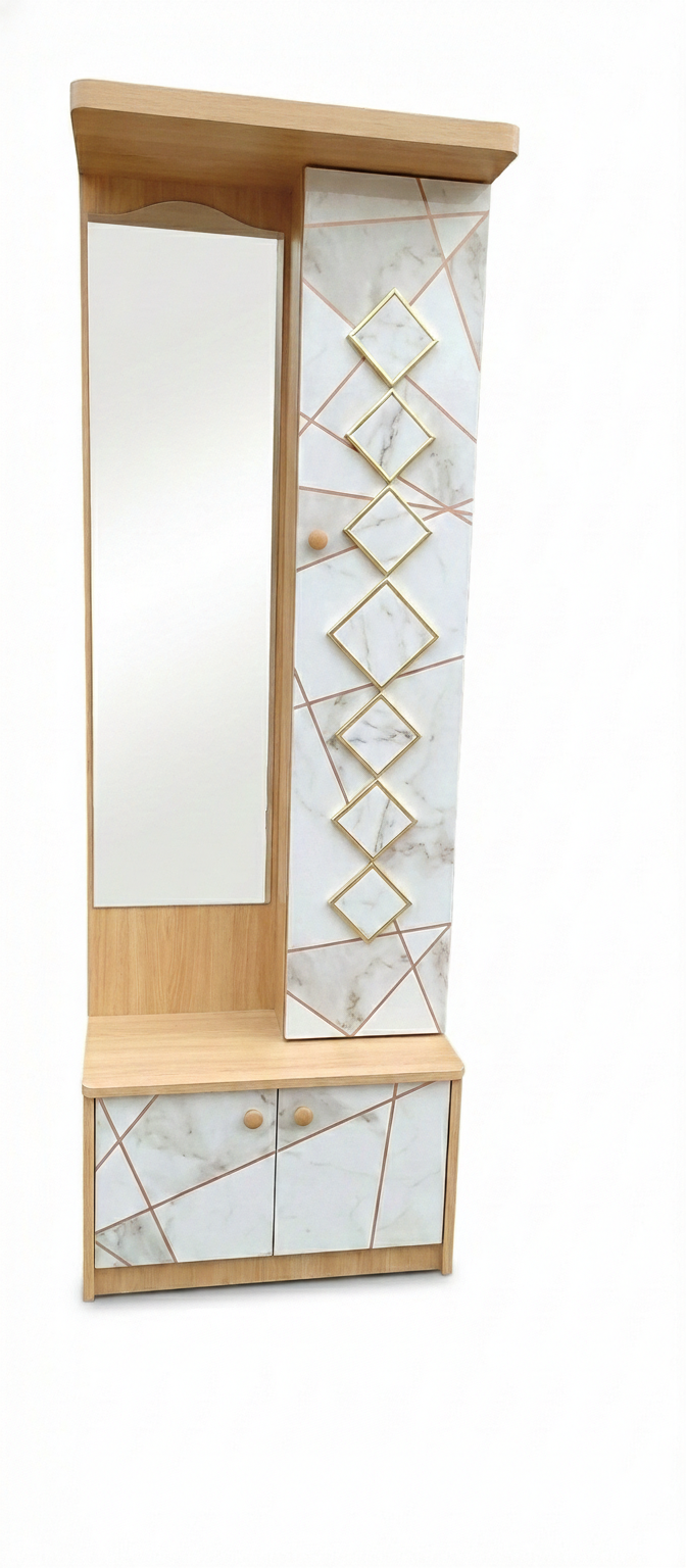 Modern Wooden Dressing Table with Full-Length Mirror & Storage Cabinet | Marble Design Panel with Gold Accents |