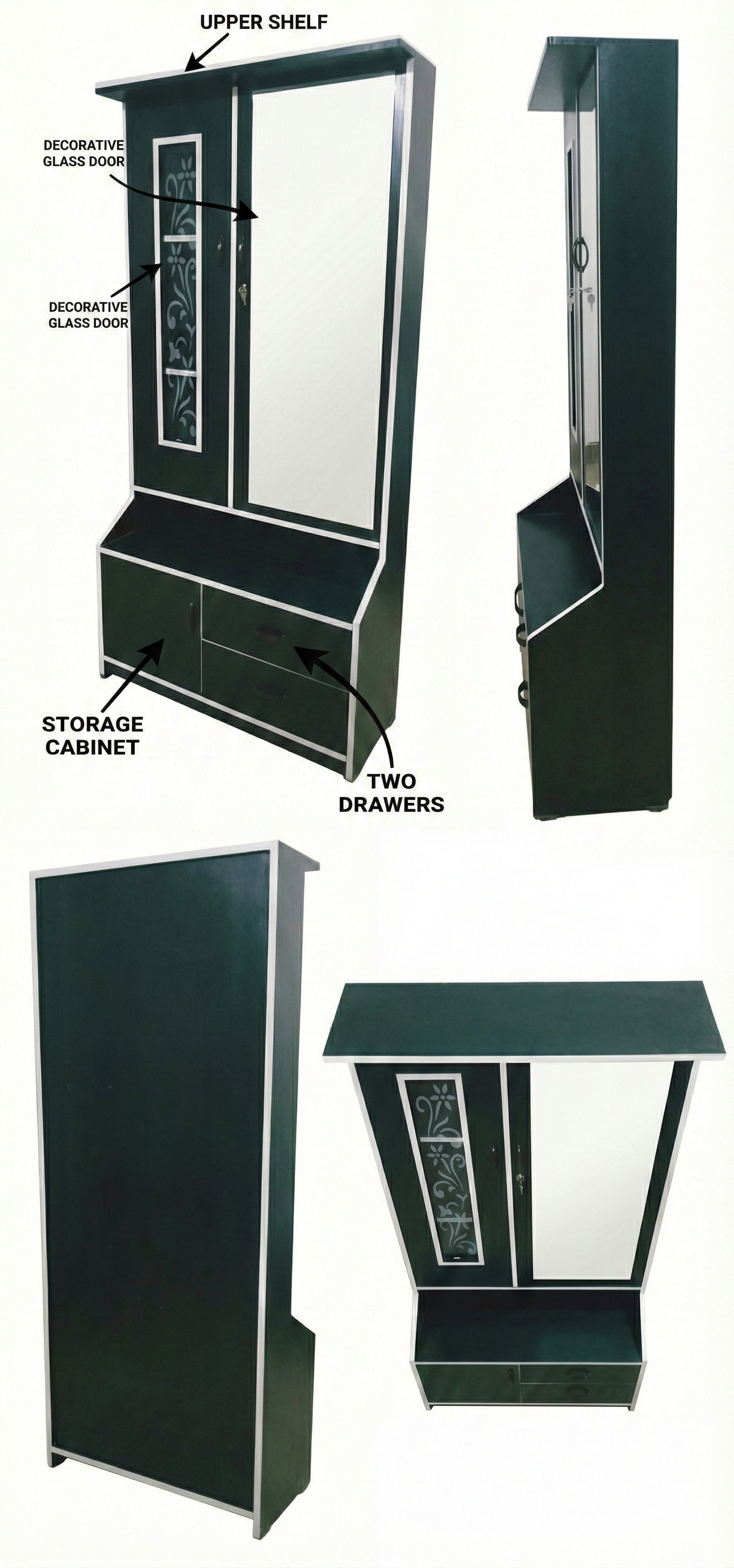 Dressing Table with Wardrobe & Full-Length Mirror | Wooden Makeup Vanity with Storage Cabinet, Glass Door & Drawers