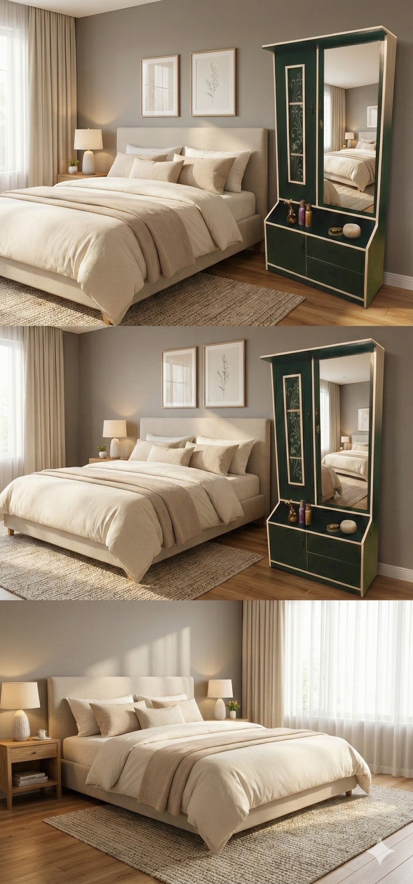Dressing Table with Wardrobe & Full-Length Mirror | Wooden Makeup Vanity with Storage Cabinet, Glass Door & Drawers
