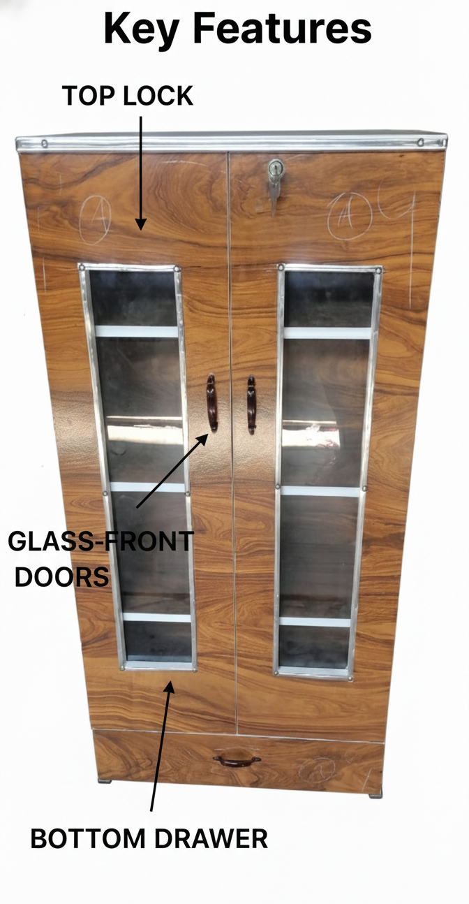 Wooden Storage Cabinet with Glass Doors & Drawer | Modern Wardrobe Organizer with Lock & Shelves