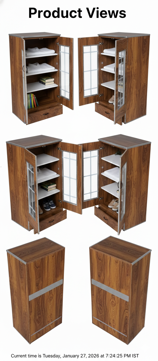 Wooden Storage Cabinet with Glass Doors & Drawer | Modern Wardrobe Organizer with Lock & Shelves