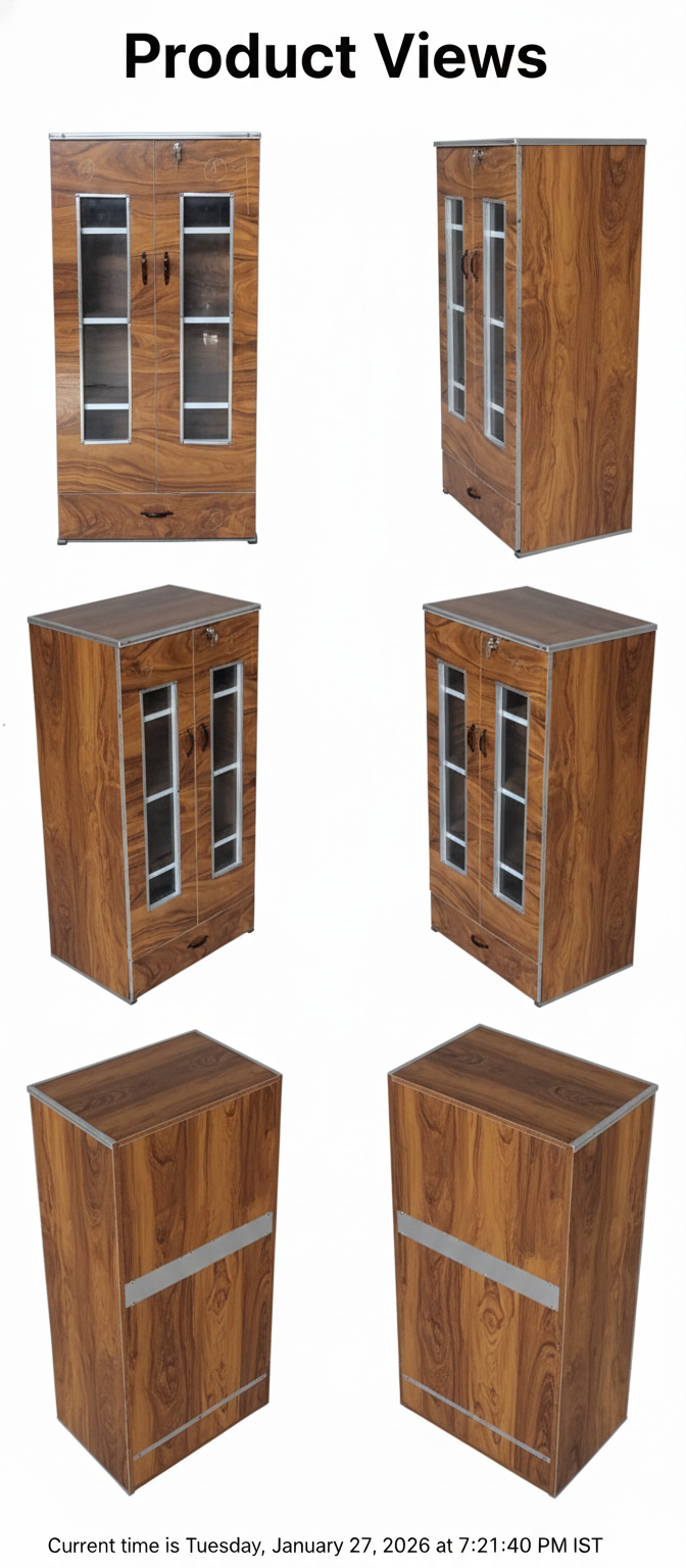 Wooden Storage Cabinet with Glass Doors & Drawer | Modern Wardrobe Organizer with Lock & Shelves