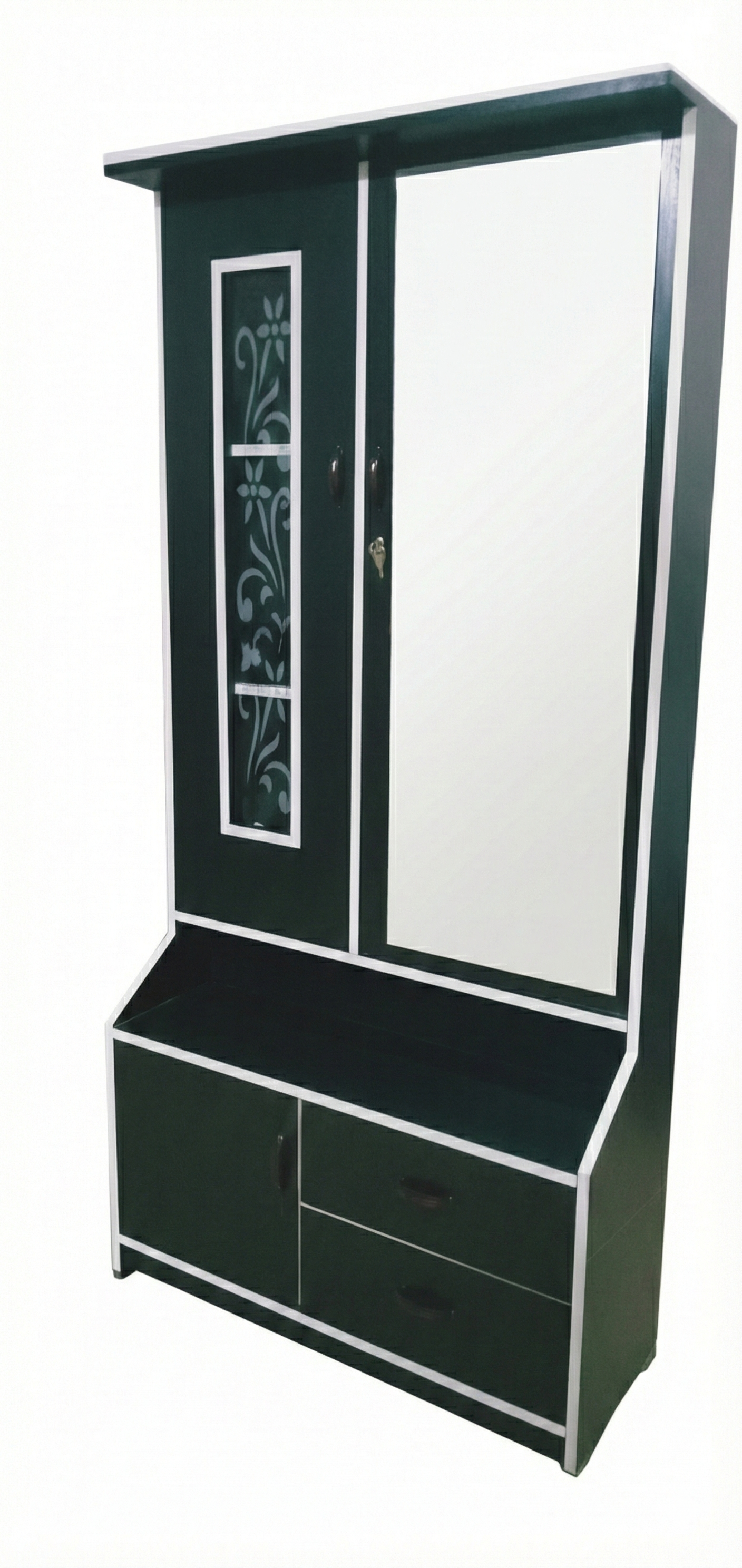 Dressing Table with Wardrobe & Full-Length Mirror | Wooden Makeup Vanity with Storage Cabinet, Glass Door & Drawers