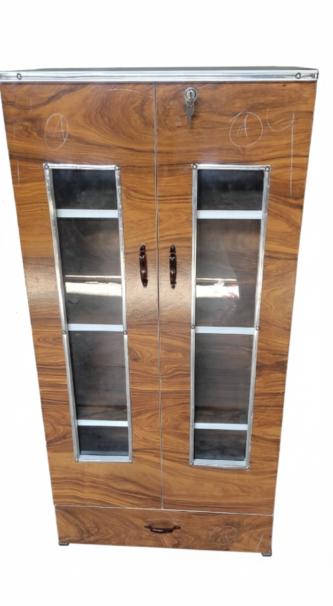 Wooden Storage Cabinet with Glass Doors & Drawer | Modern Wardrobe Organizer with Lock & Shelves