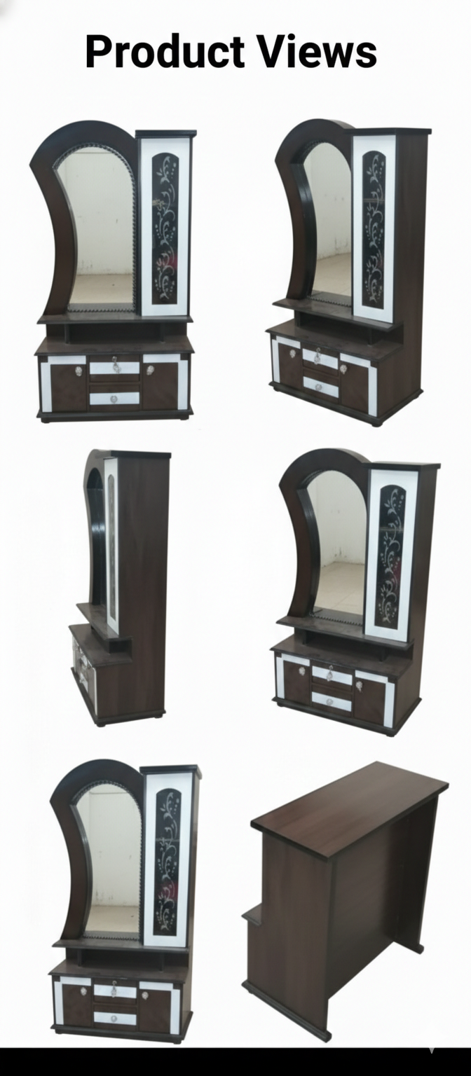 Wooden Dressing Table with Curved Mirror & Storage Cabinet | Makeup Vanity with Drawers & Glass Panel Door