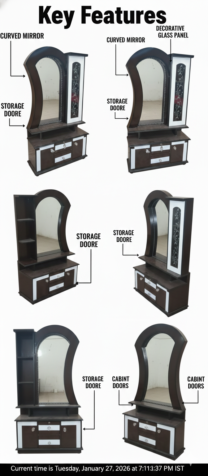 Wooden Dressing Table with Curved Mirror & Storage Cabinet | Makeup Vanity with Drawers & Glass Panel Door