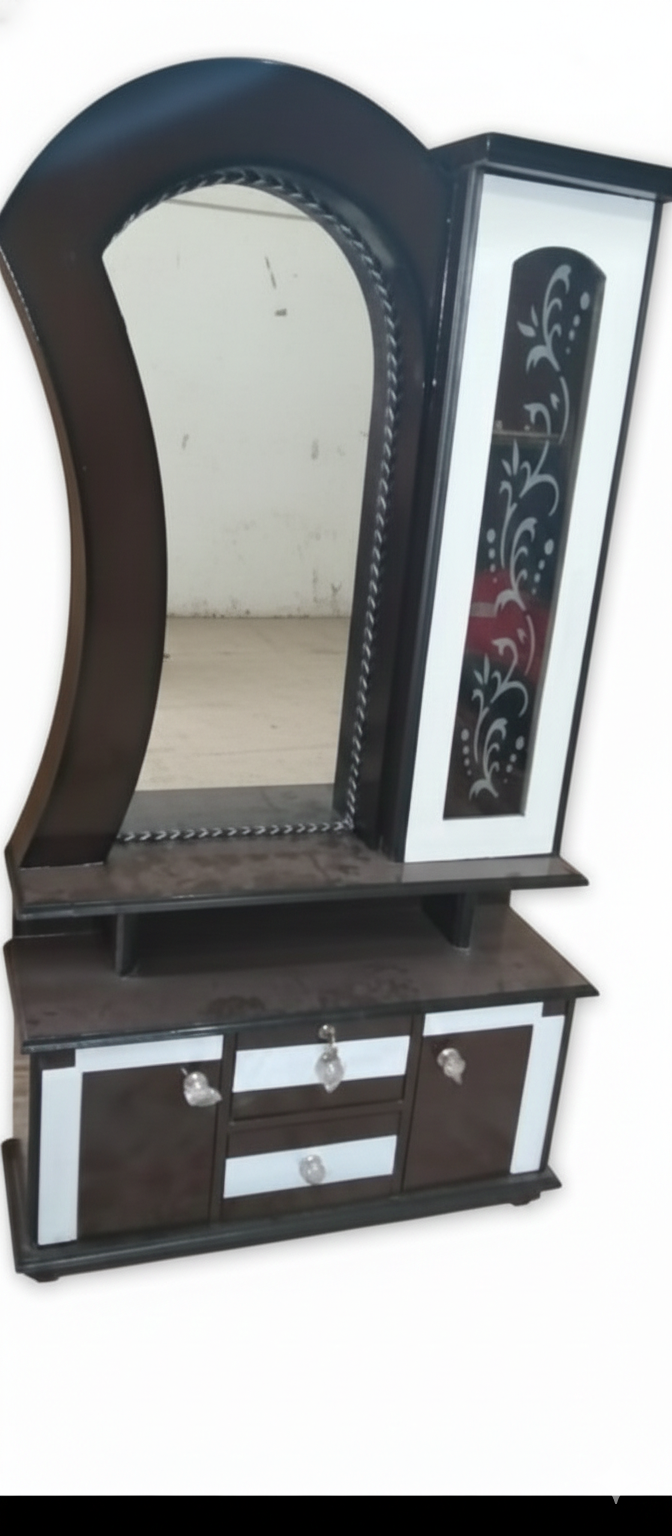 Wooden Dressing Table with Curved Mirror & Storage Cabinet | Makeup Vanity with Drawers & Glass Panel Door