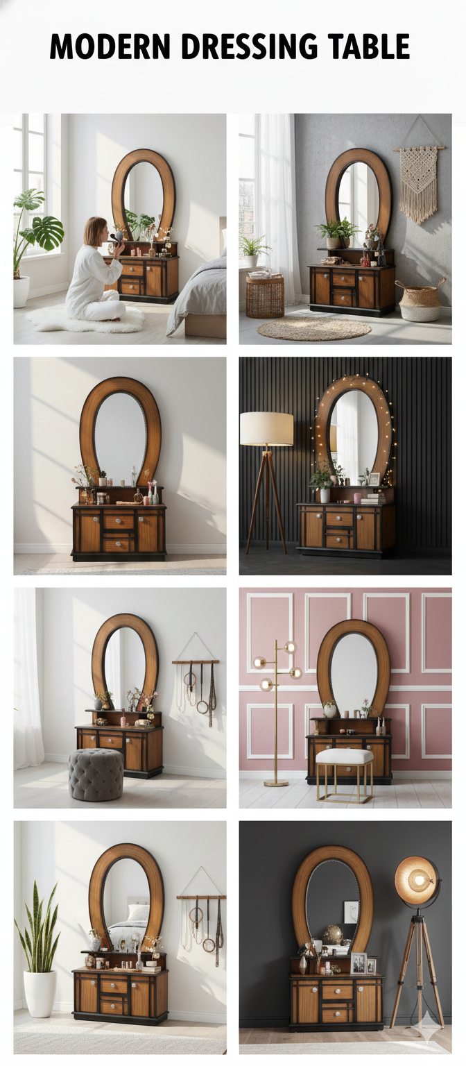 Wooden Dressing Table with Oval Mirror | Makeup Vanity Organizer with Drawers & Side Cabinets