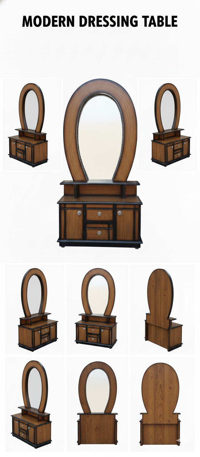 Wooden Dressing Table with Oval Mirror | Makeup Vanity Organizer with Drawers & Side Cabinets