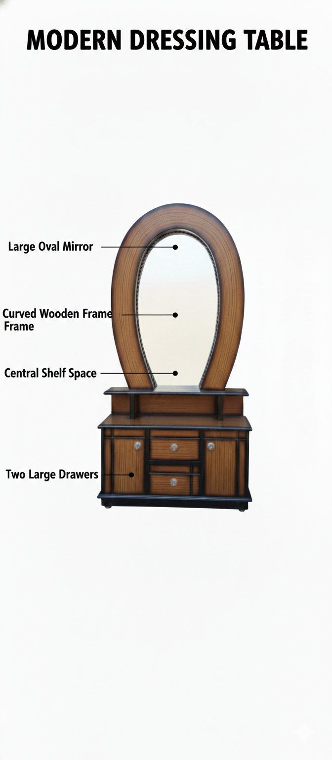 Wooden Dressing Table with Oval Mirror | Makeup Vanity Organizer with Drawers & Side Cabinets