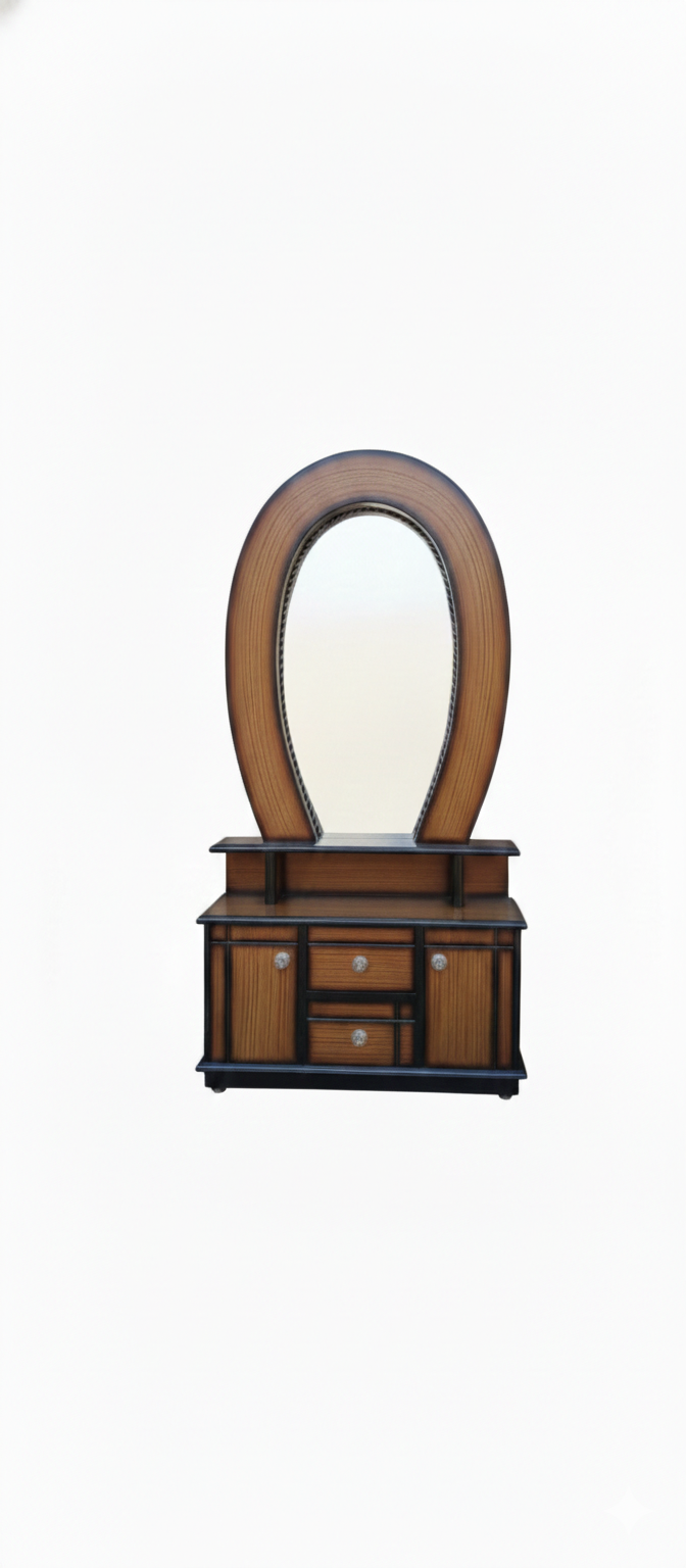 Wooden Dressing Table with Oval Mirror | Makeup Vanity Organizer with Drawers & Side Cabinets