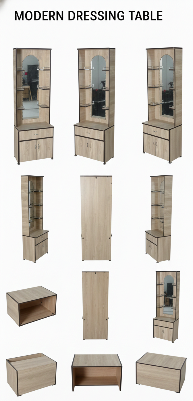 Modern Wooden Dressing Table with Mirror & Storage Cabinet