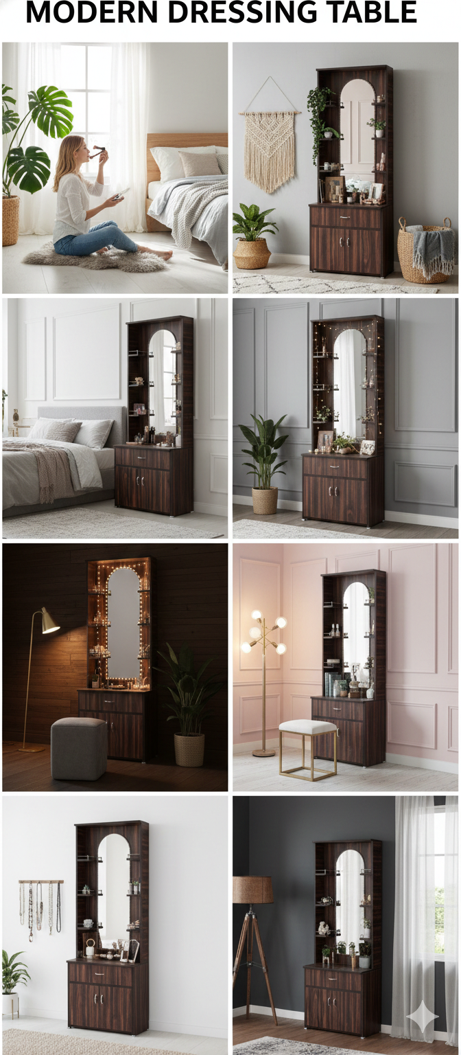 Modern Wooden Dressing Table with Mirror & Storage Cabinet | Space-Saving Vanity Unit with Drawer & Shelves