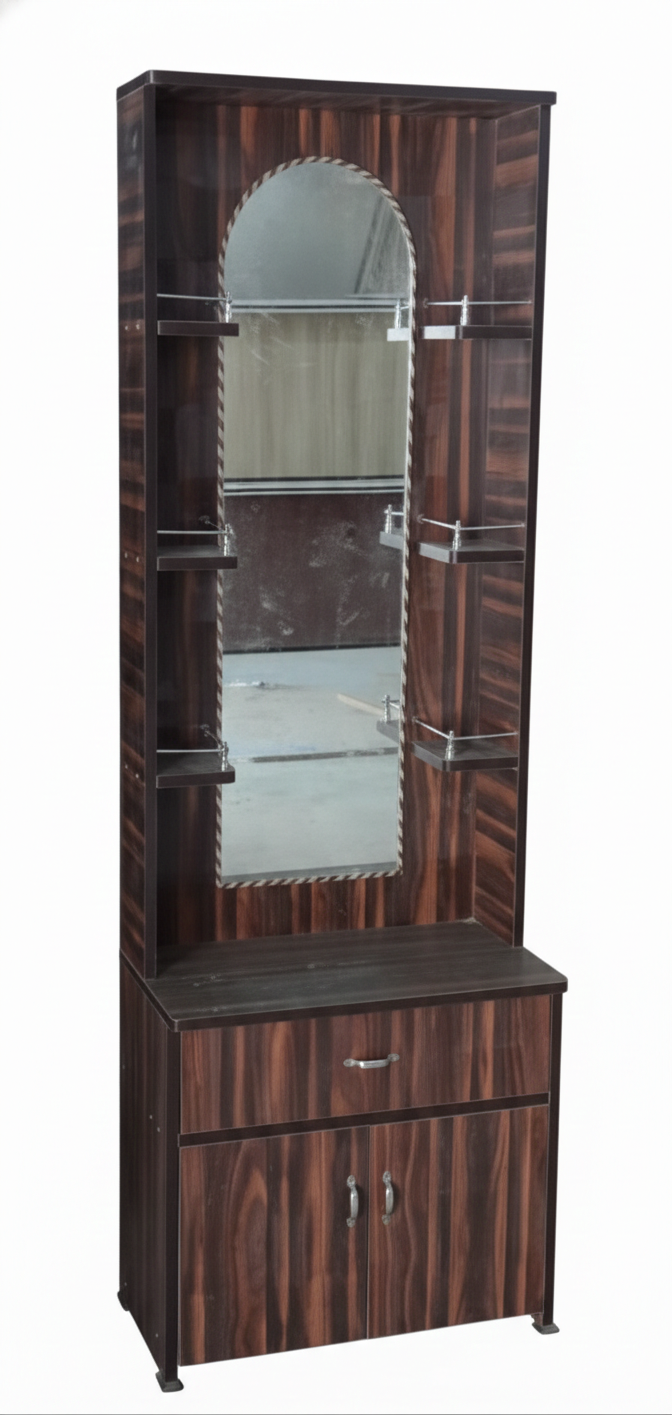 Modern Wooden Dressing Table with Mirror & Storage Cabinet | Space-Saving Vanity Unit with Drawer & Shelves