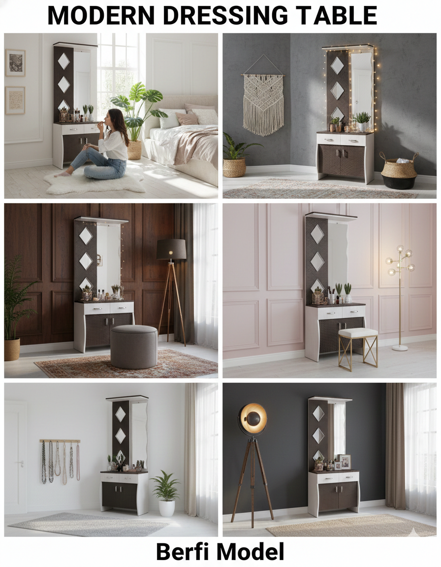 Modern Dressing Table with Full-Length Mirror & Storage Cabinet | Wooden Makeup Vanity Unit with Top Shelf & 3D Diamond Design Panels