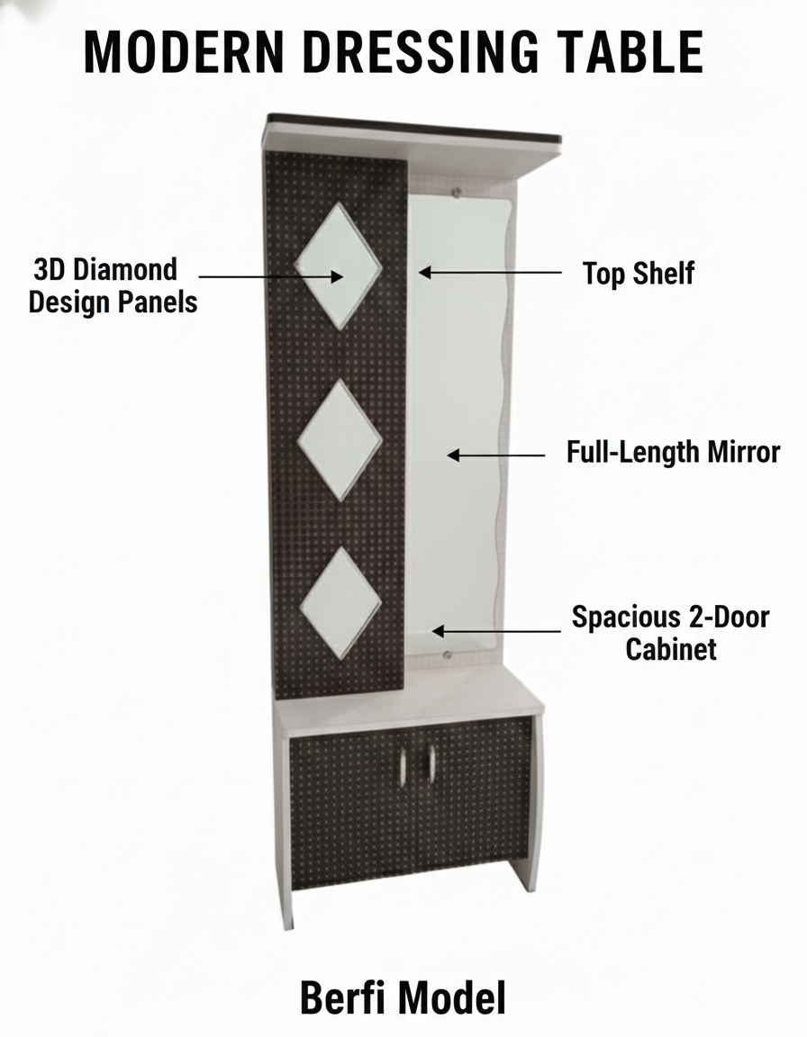 Modern Dressing Table with Full-Length Mirror & Storage Cabinet | Wooden Makeup Vanity Unit with Top Shelf & 3D Diamond Design Panels