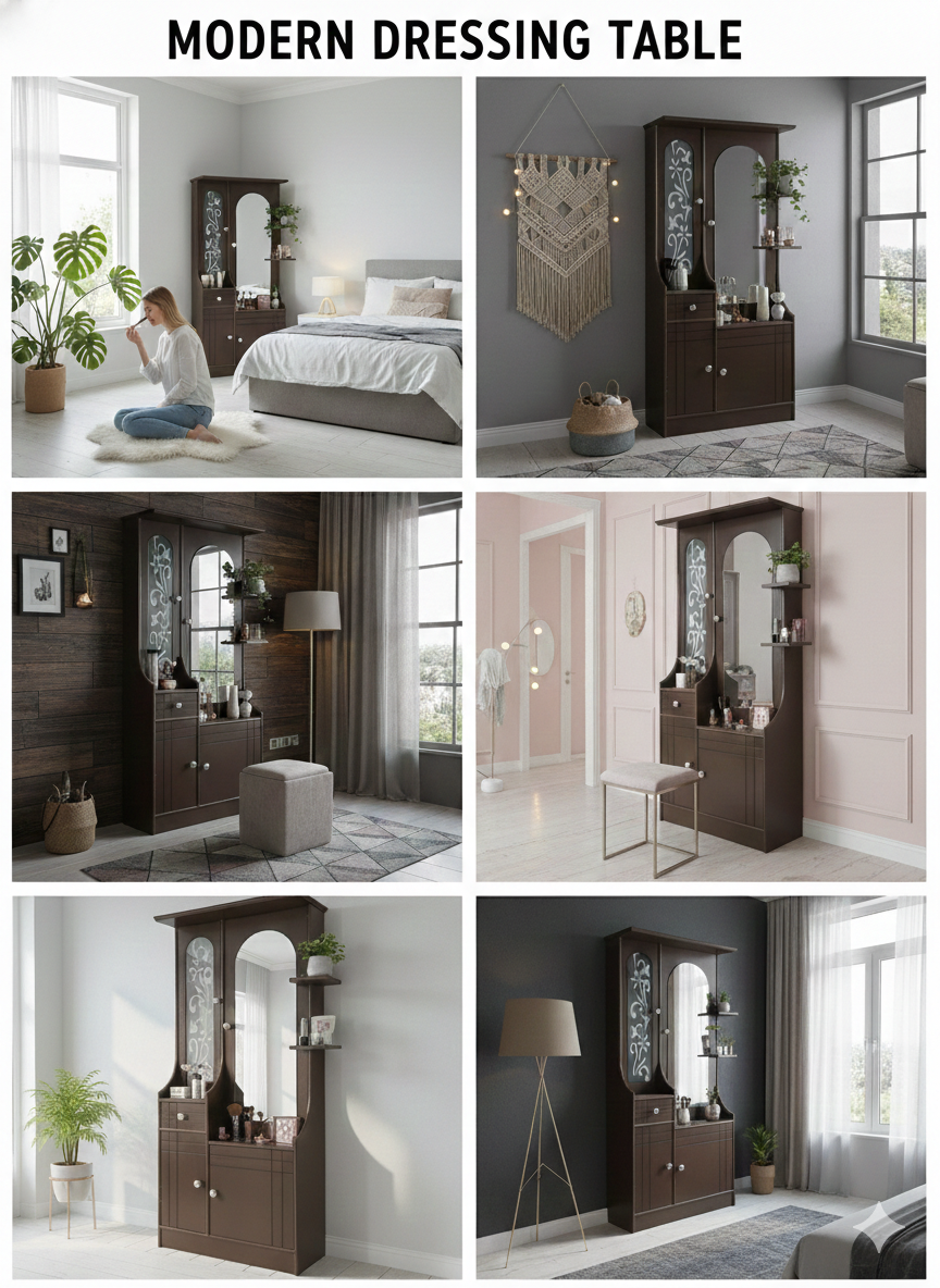 Modern Wooden Dressing Table with Full-Length Mirror & Storage