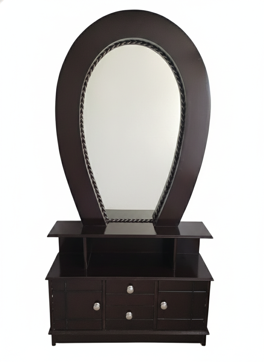 Wooden Dressing Table with Oval Mirror & 3-Drawer Storage | Modern Vanity Dresser with Shelves & Cabinet | Bedroom Furniture (Dark Walnut Finish)