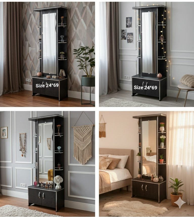 Modern Dressing Table with Full-Length Mirror & Storage | Compact Wooden Vanity Table with Shelves & Cabinet