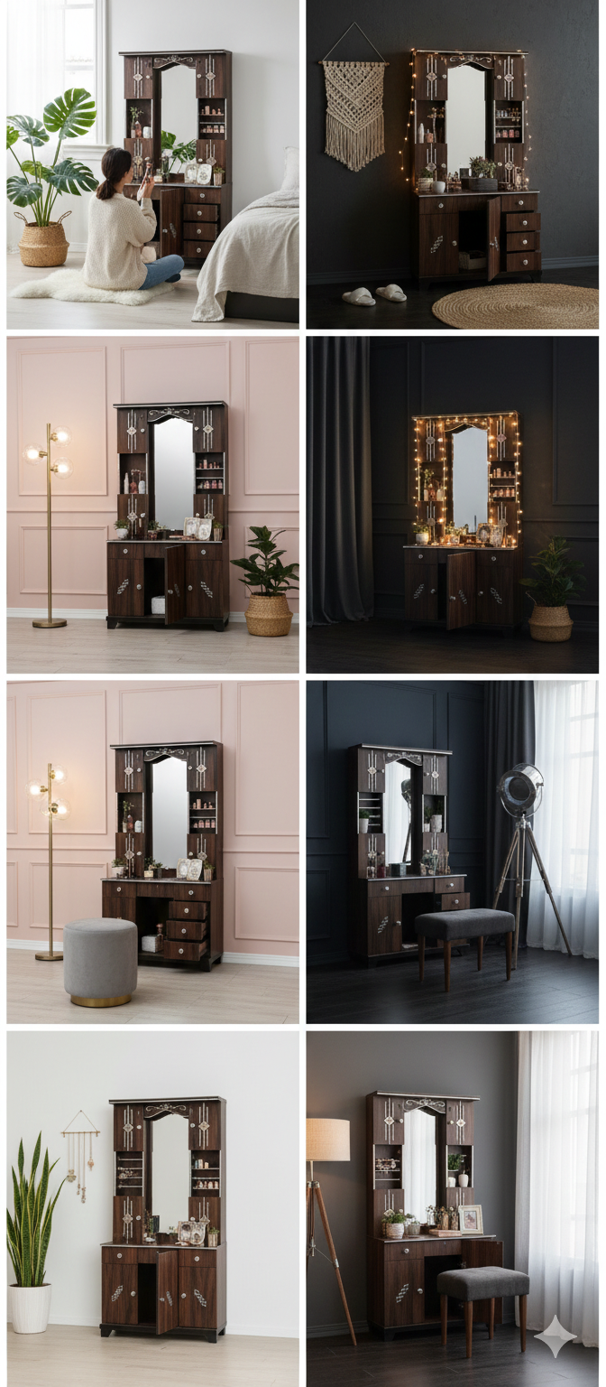 Luxury Dark Walnut Dressing Table with Mirror & Storage | Wooden Vanity Table with Drawers & Shelves