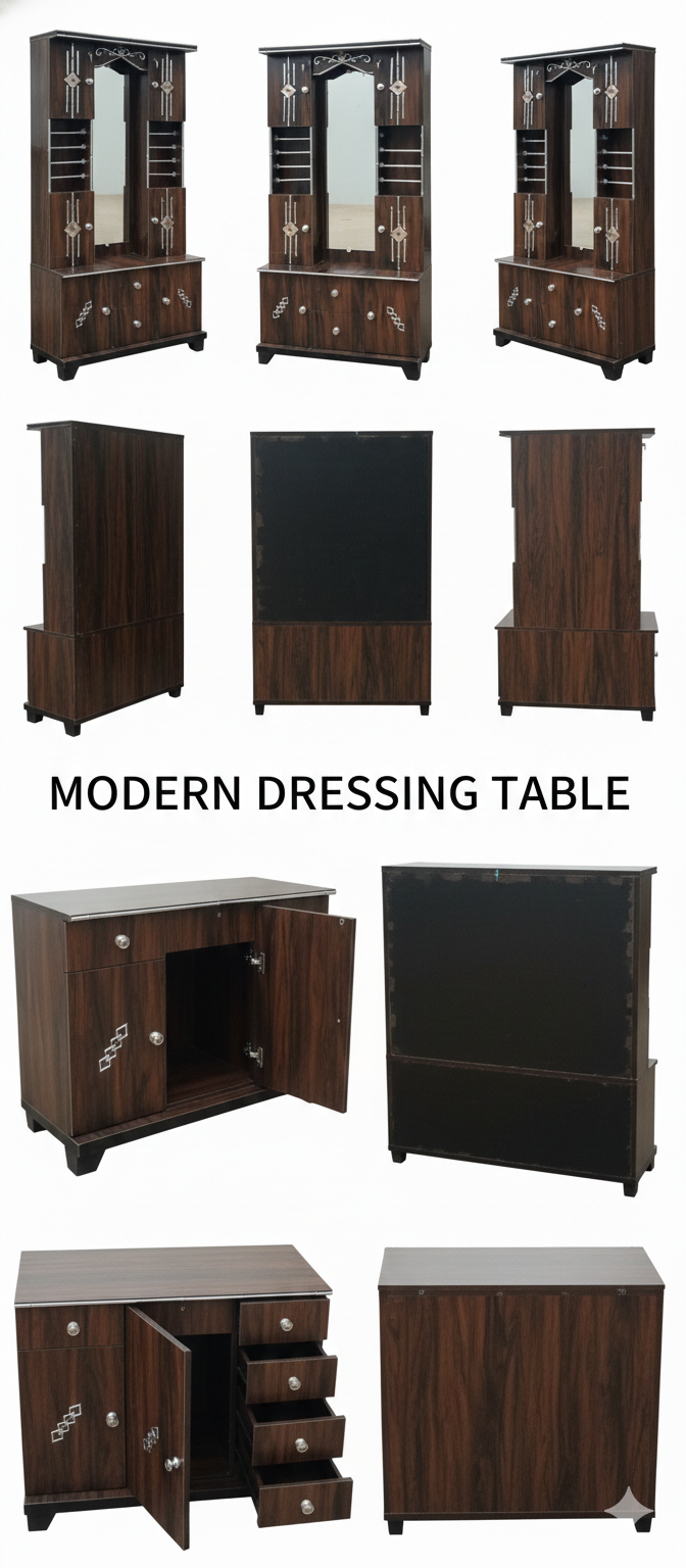 Luxury Dark Walnut Dressing Table with Mirror & Storage | Wooden Vanity Table with Drawers & Shelves