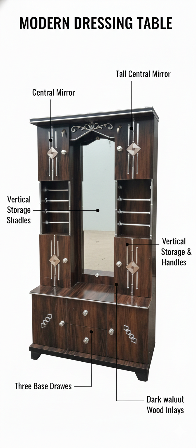 Luxury Dark Walnut Dressing Table with Mirror & Storage | Wooden Vanity Table with Drawers & Shelves