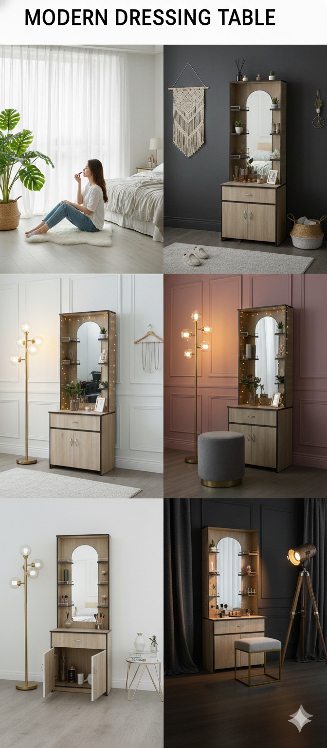 Modern Dressing Table with Mirror & Storage Cabinet | Wooden Vanity Table with Side Shelves