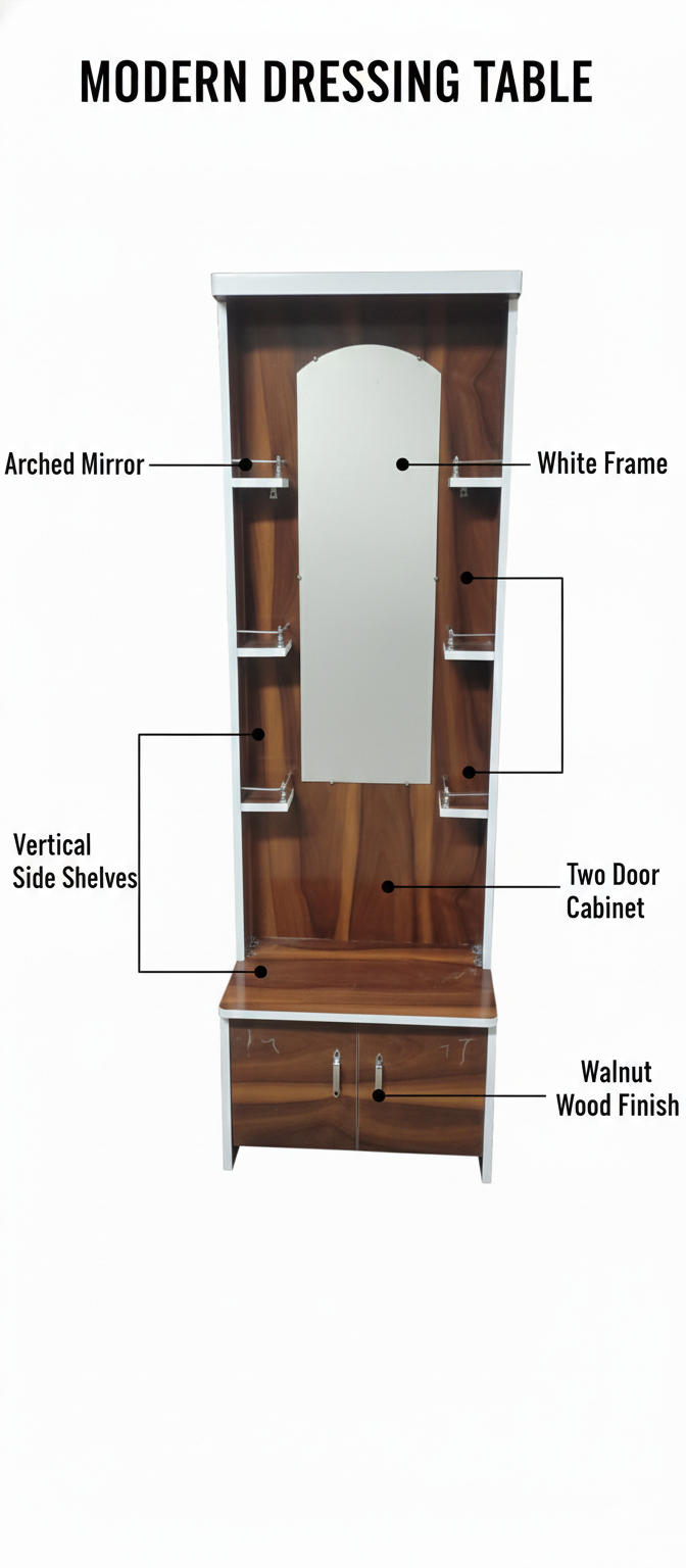 Modern Dressing Table with Mirror & Storage Cabinet | Wooden Vanity Table with Side Shelves