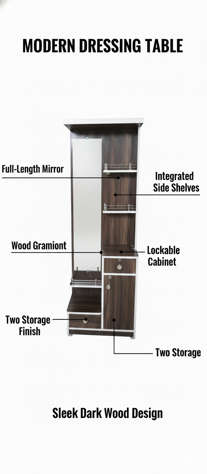 Modern Round Dressing Table with Mirror & Storage | Space Saving Corner Vanity Table with Shelves & Cabinet